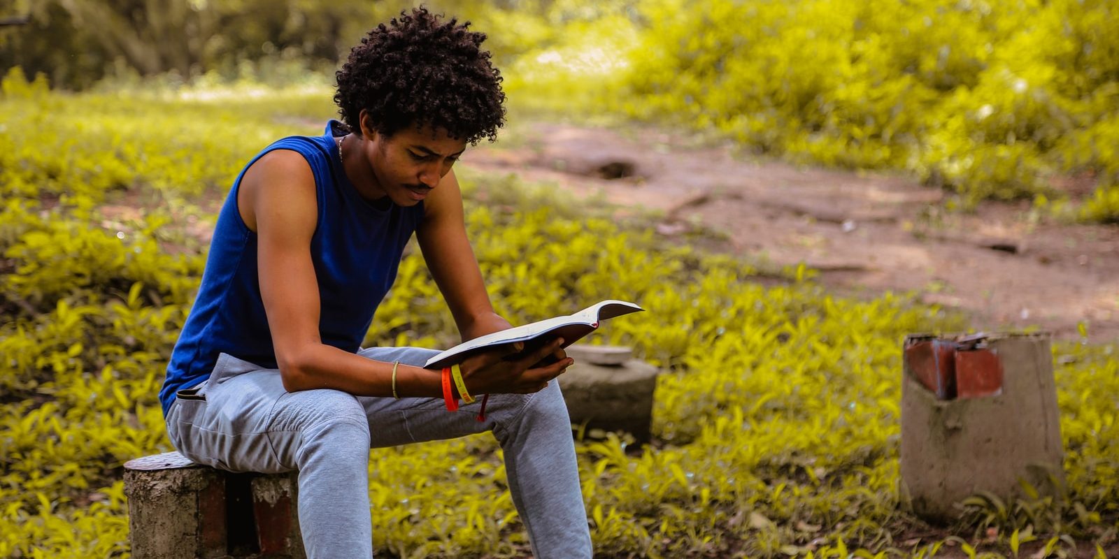 man wearing blue shirt sitting on the bench reading book